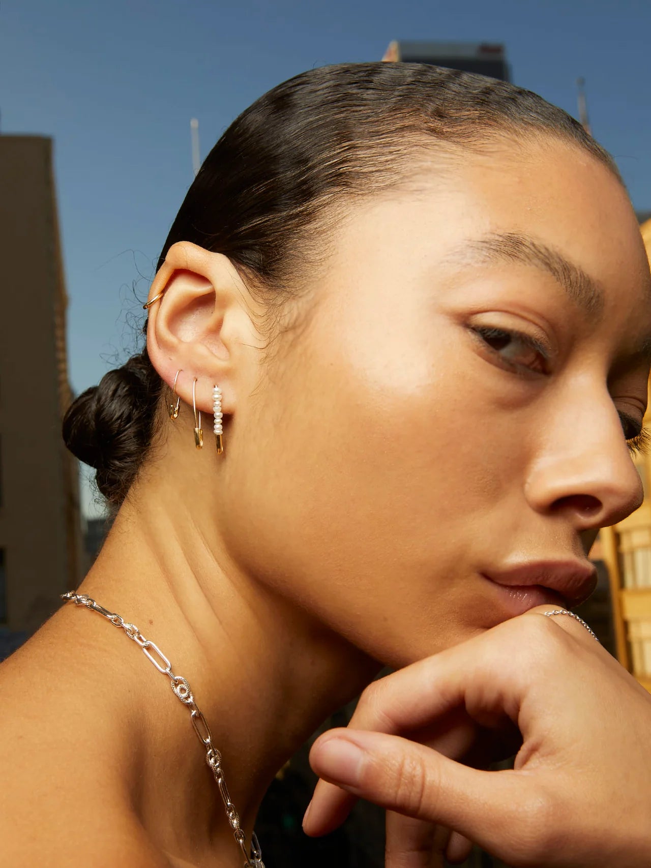 Loren Stewart Single Friendship Seed Pearl Safety Pin Earring 14kt. YG