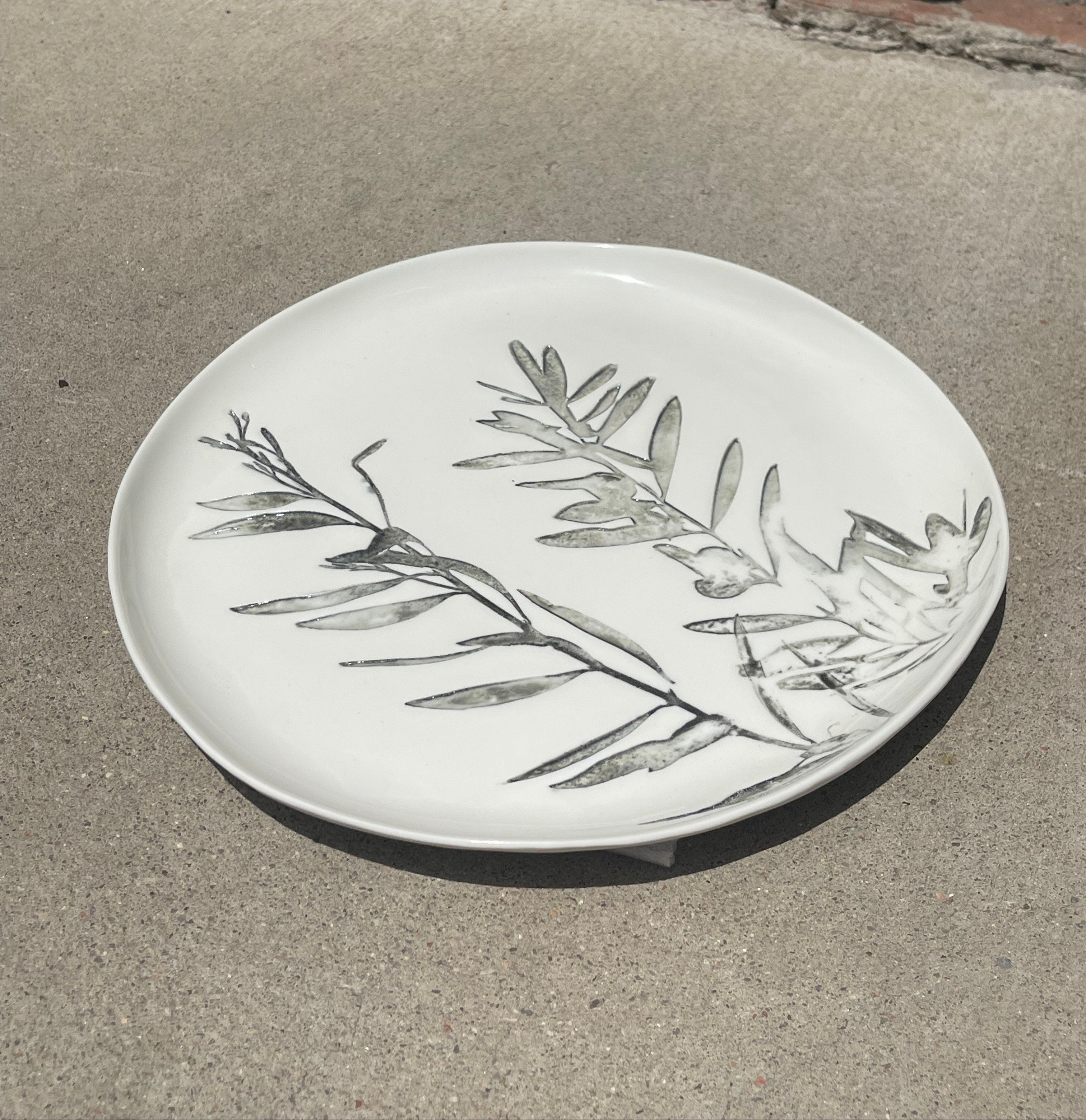 Flat Porcelain Plate Leccino, Sage 12.20"d.