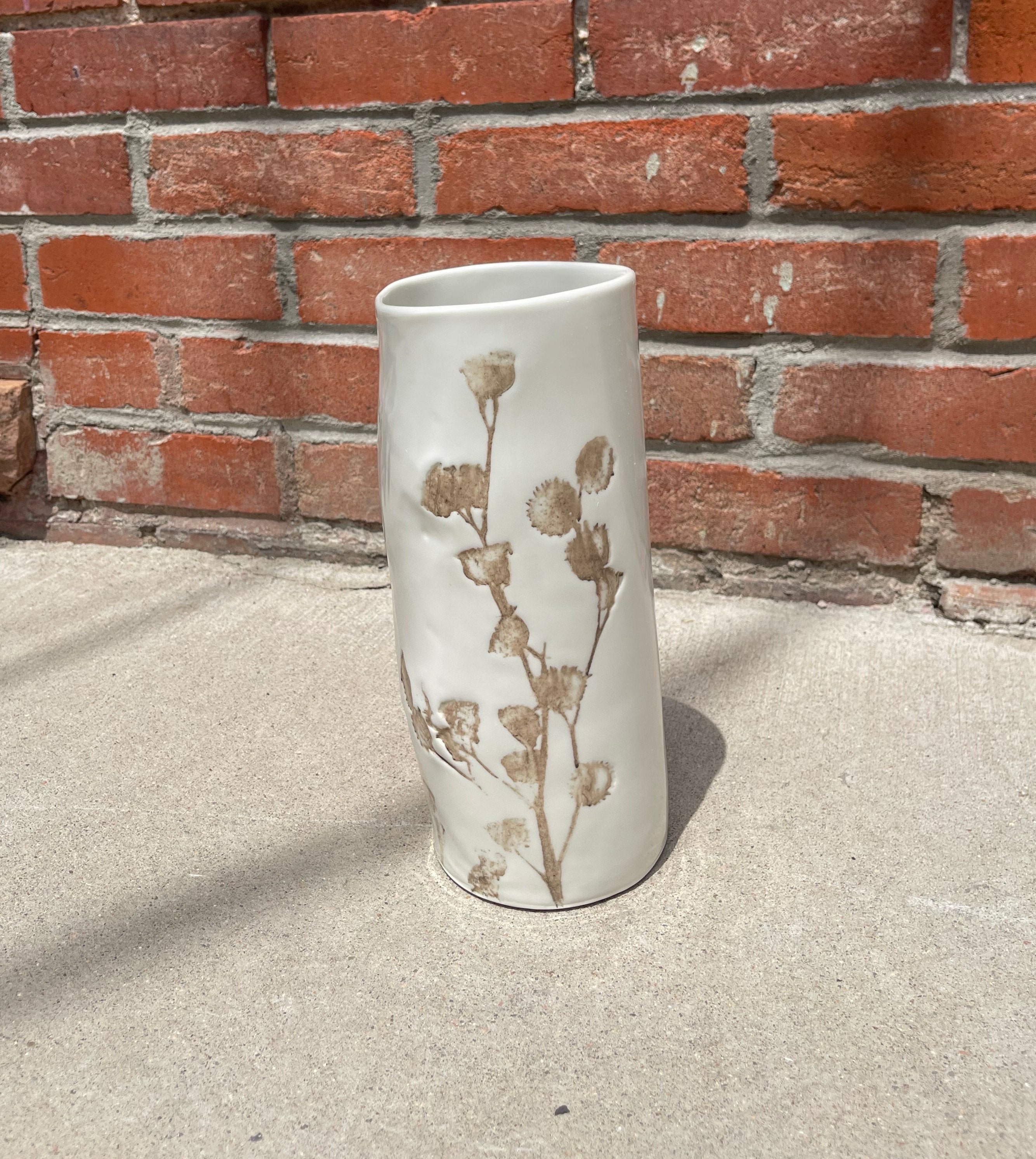 Porcelain Vase Twiggy, White with Brown 4.33"d. x 10"h.