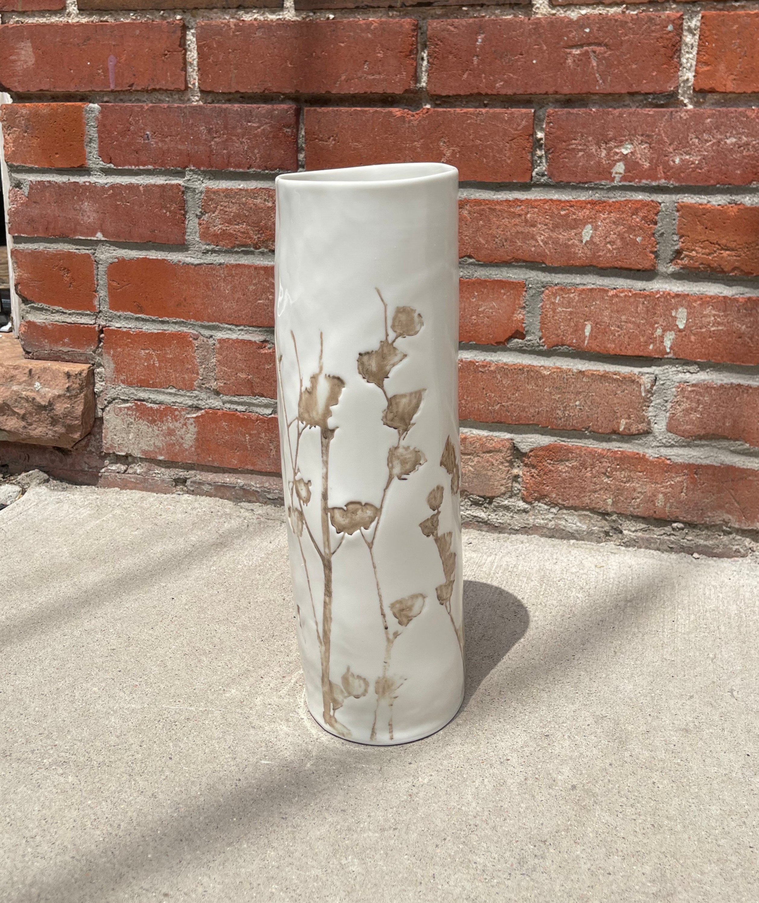 Porcelain Vase Twiggy, White with Brown 4.33"d. x 14"h.