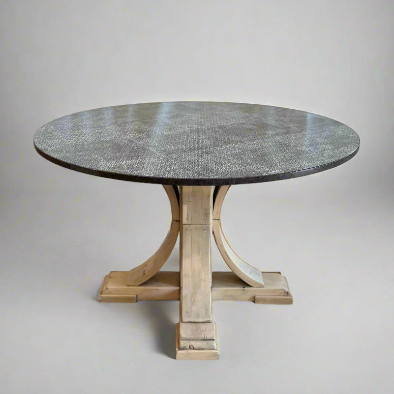 Custom Round Trendle Table with 48" Italian Lava Stone Top and Reclaimed Pine Base