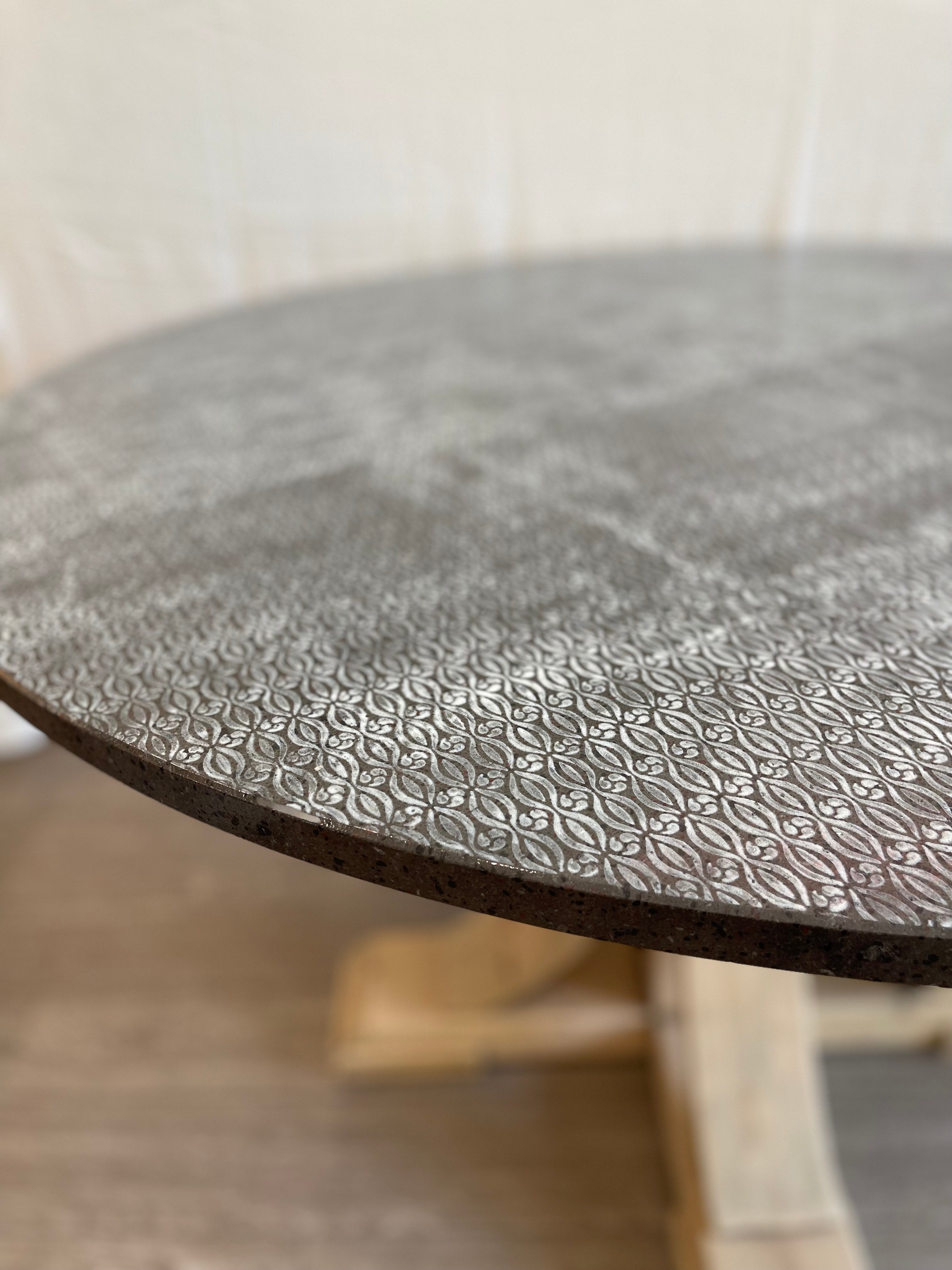 Custom Round Trendle Table with 48" Italian Lava Stone Top and Reclaimed Pine Base