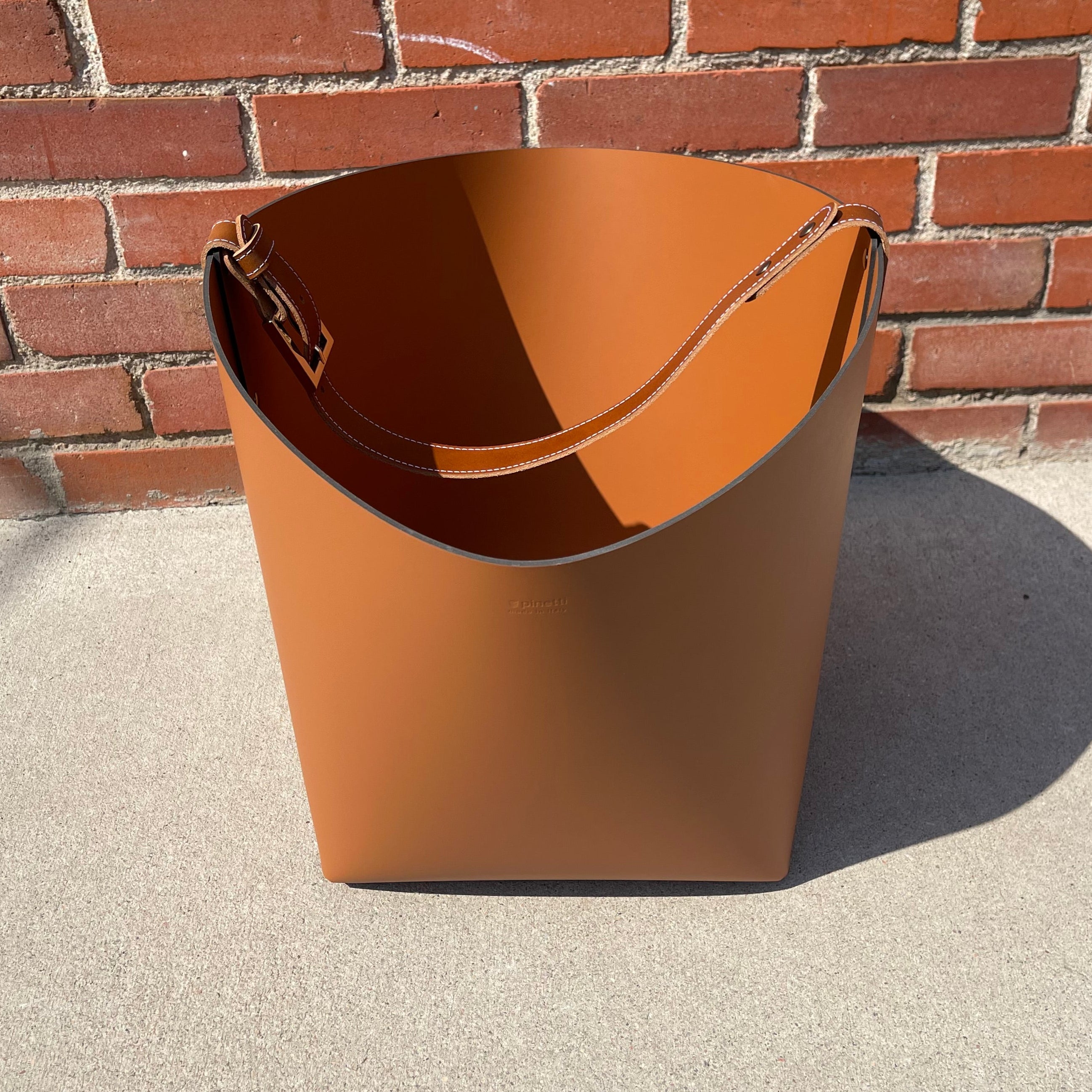 Big Leather Basket with Tan Leather Belt Handle Strap