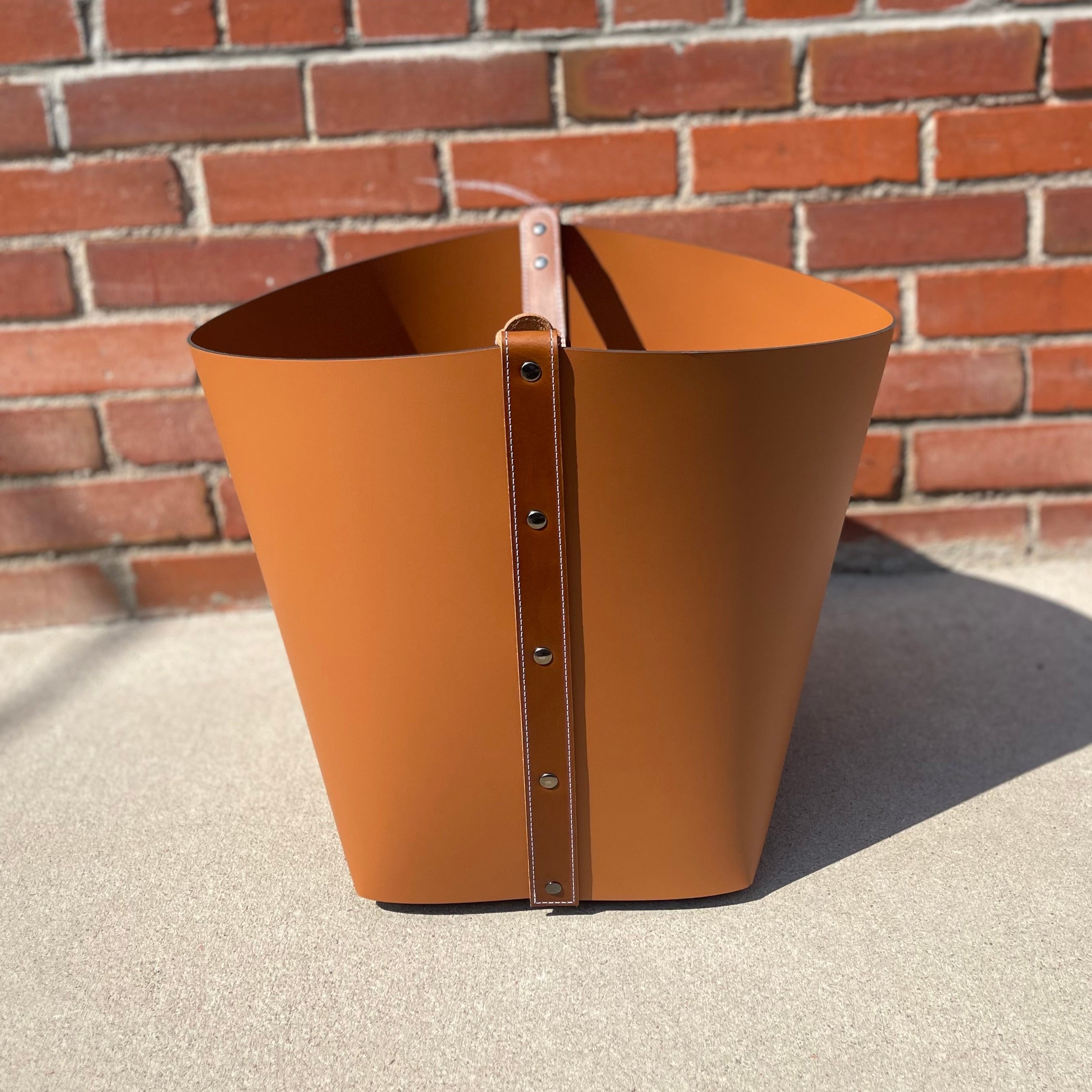 Big Leather Basket with Tan Leather Belt Handle Strap