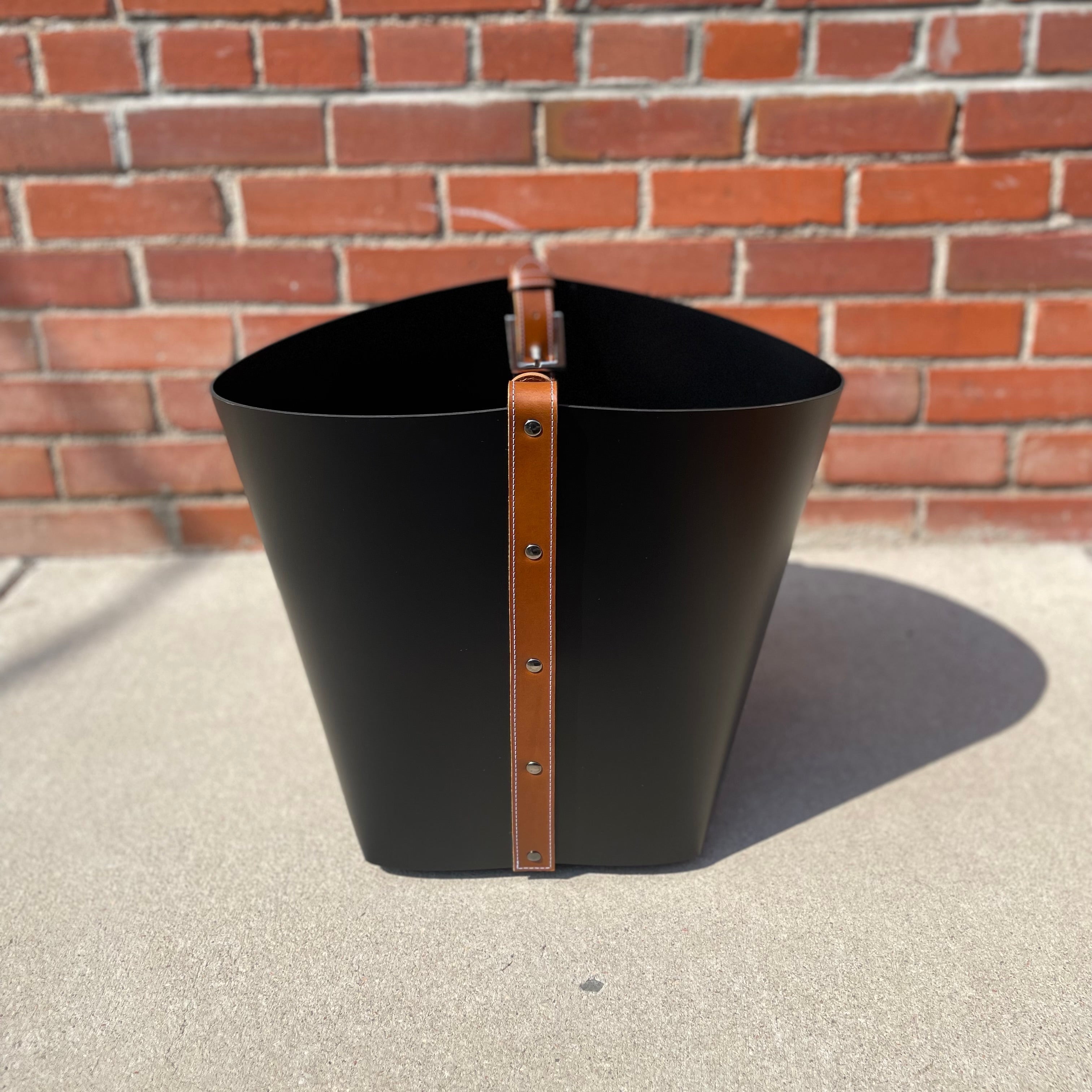 Big Leather Basket with Tan Leather Belt Handle Strap