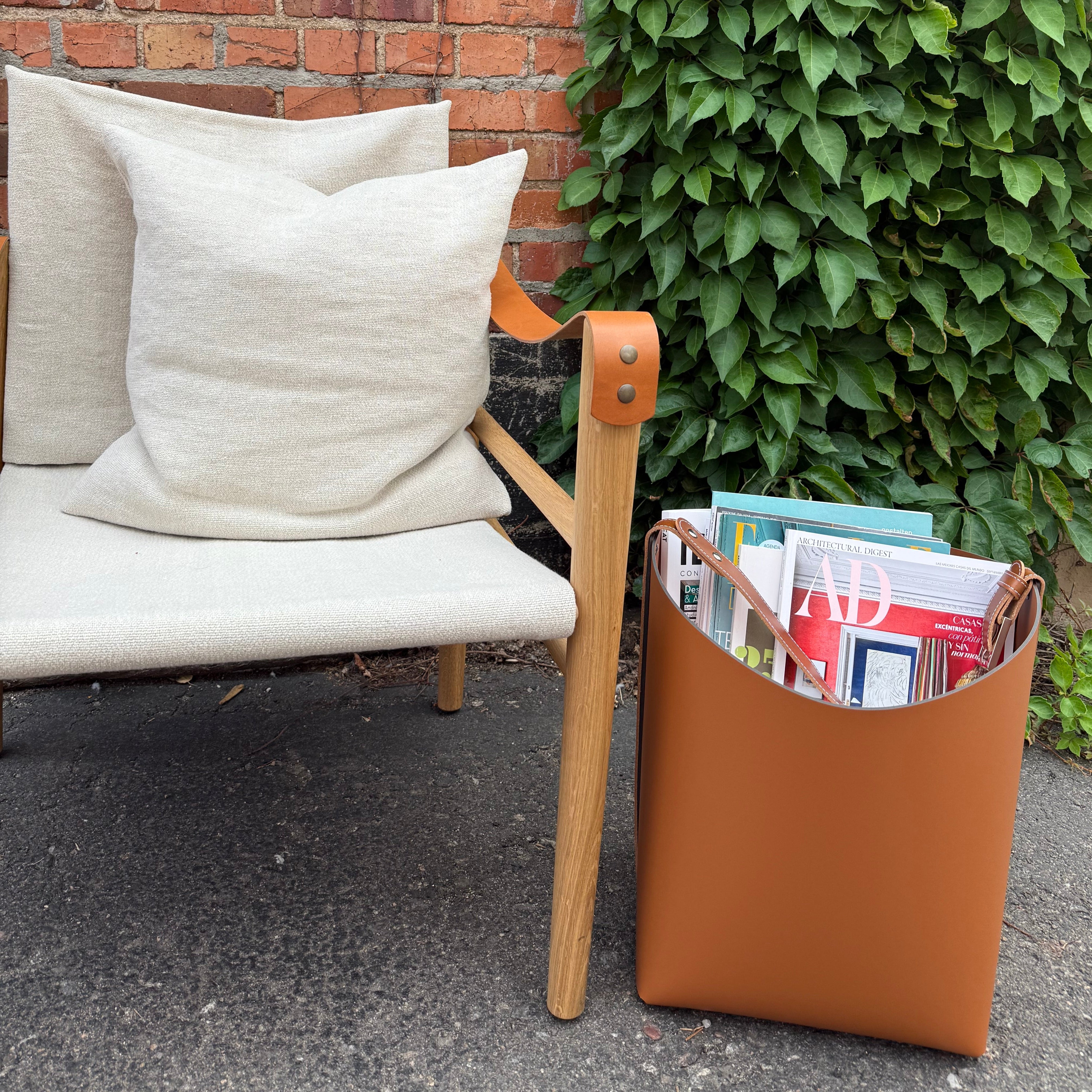 Big Leather Basket with Tan Leather Belt Handle Strap