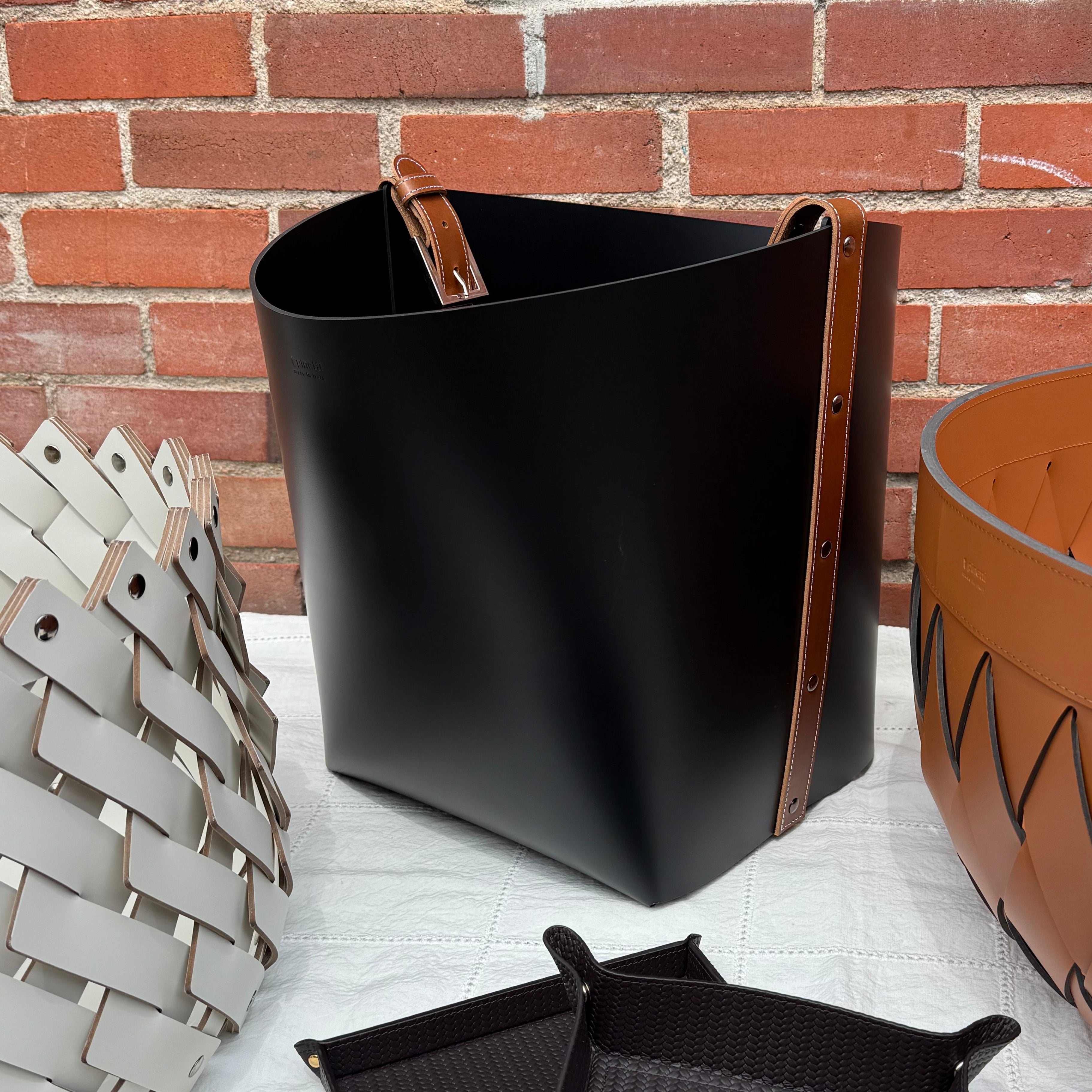Big Leather Basket with Tan Leather Belt Handle Strap
