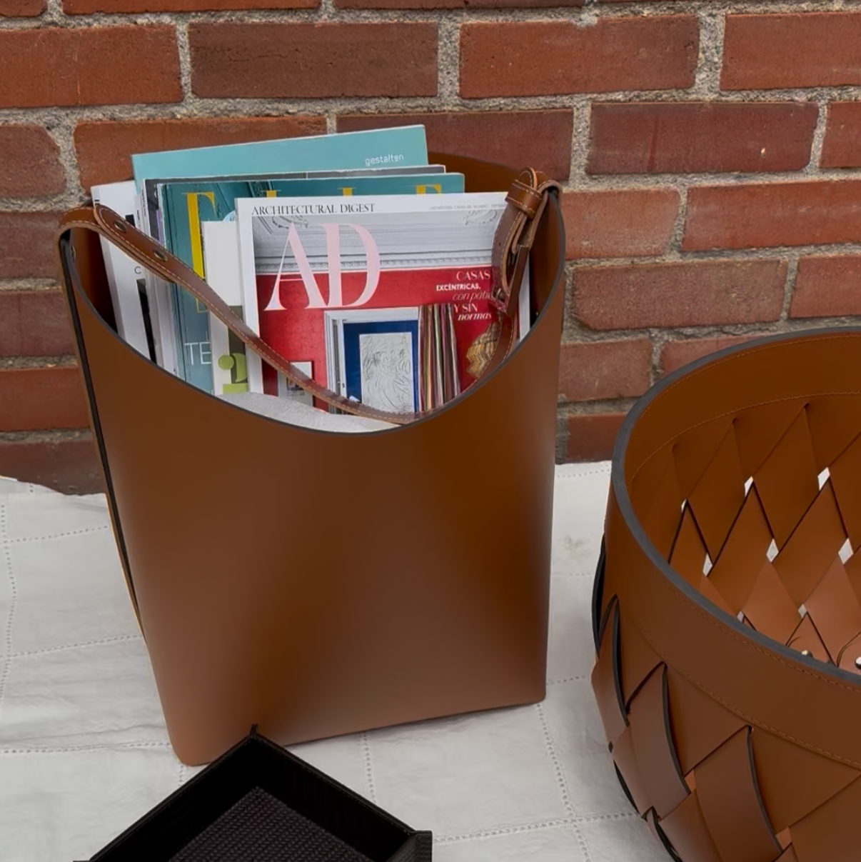 Big Leather Basket with Tan Leather Belt Handle Strap