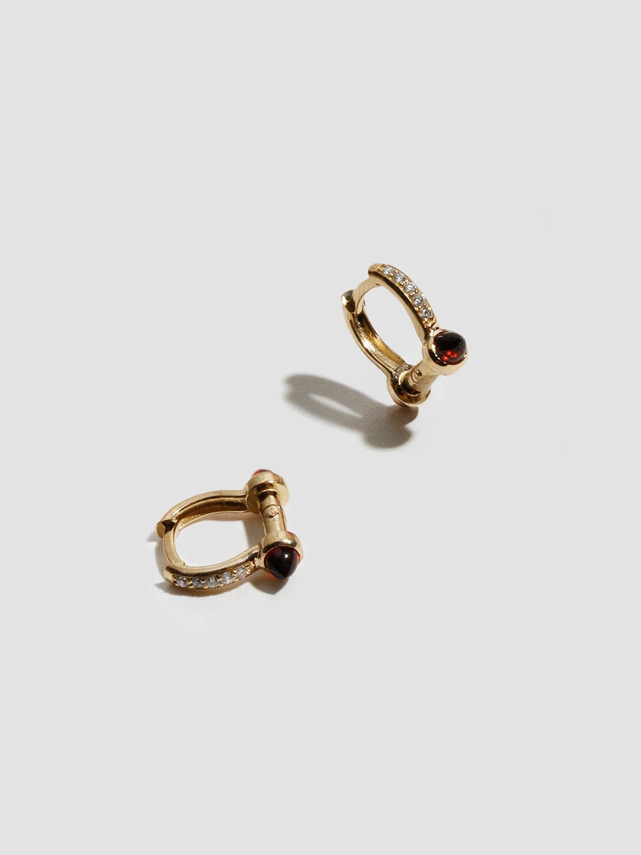 Loren Stewart Pair Diamond Pave and Garnet Barbell Hoop Earrings 14kt YG  .47"dia
