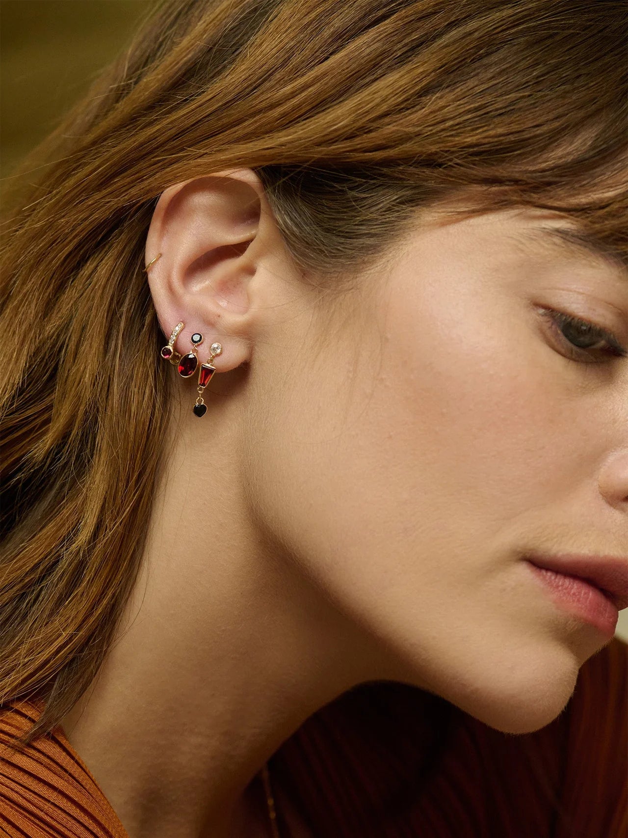 Loren Stewart Pair Diamond Pave and Garnet Barbell Hoop Earrings 14kt YG  .47"dia