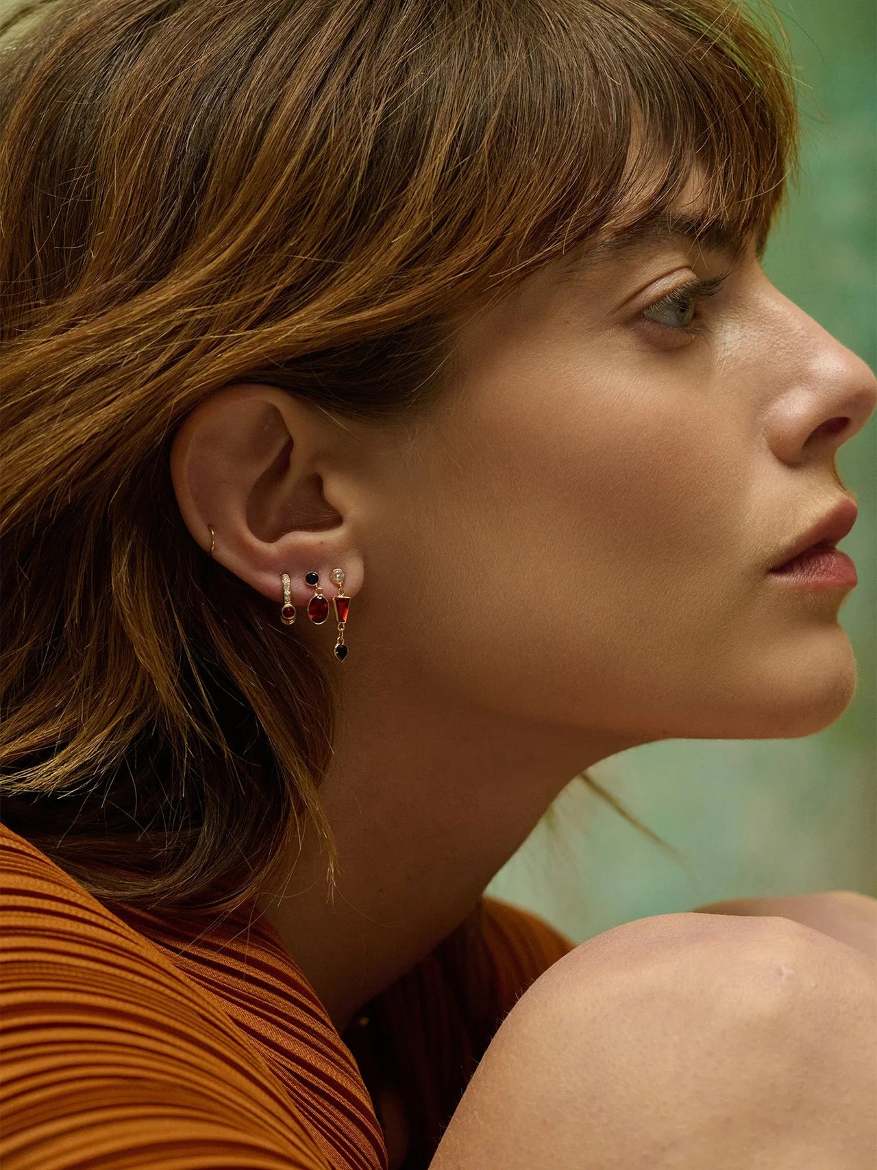 Loren Stewart Pair Diamond Pave and Garnet Barbell Hoop Earrings 14kt YG  .47"dia