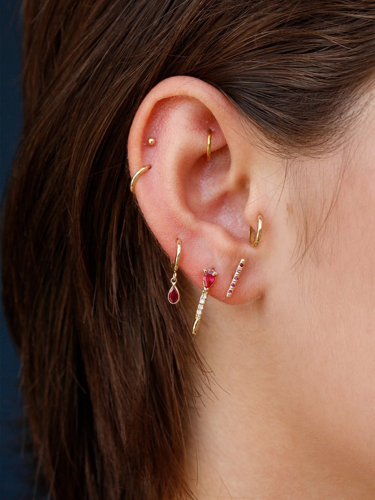 Loren Stewart Single Mini Ruby and Diamond Safety Pin Earring 14kt. YG