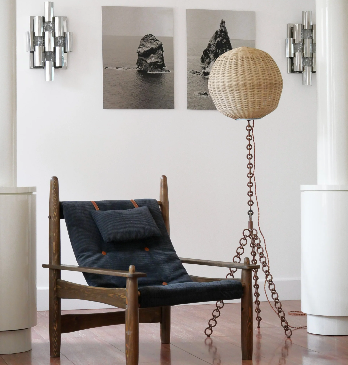 CATENA FLOOR LAMP, Brown Iron Base/Brown Rattan Shade