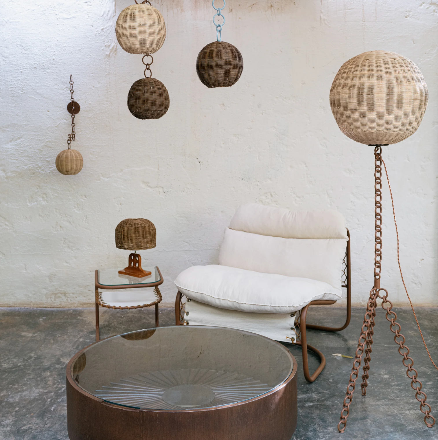 CATENA FLOOR LAMP, Brown Iron Base/Brown Rattan Shade