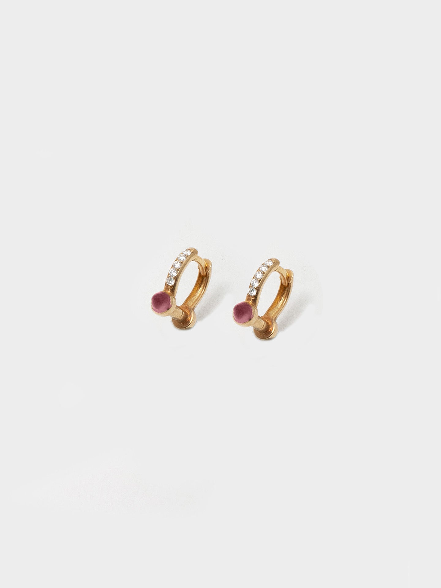 Loren Stewart Pair Diamond Pave and Garnet Barbell Hoop Earrings 14kt YG .47"dia