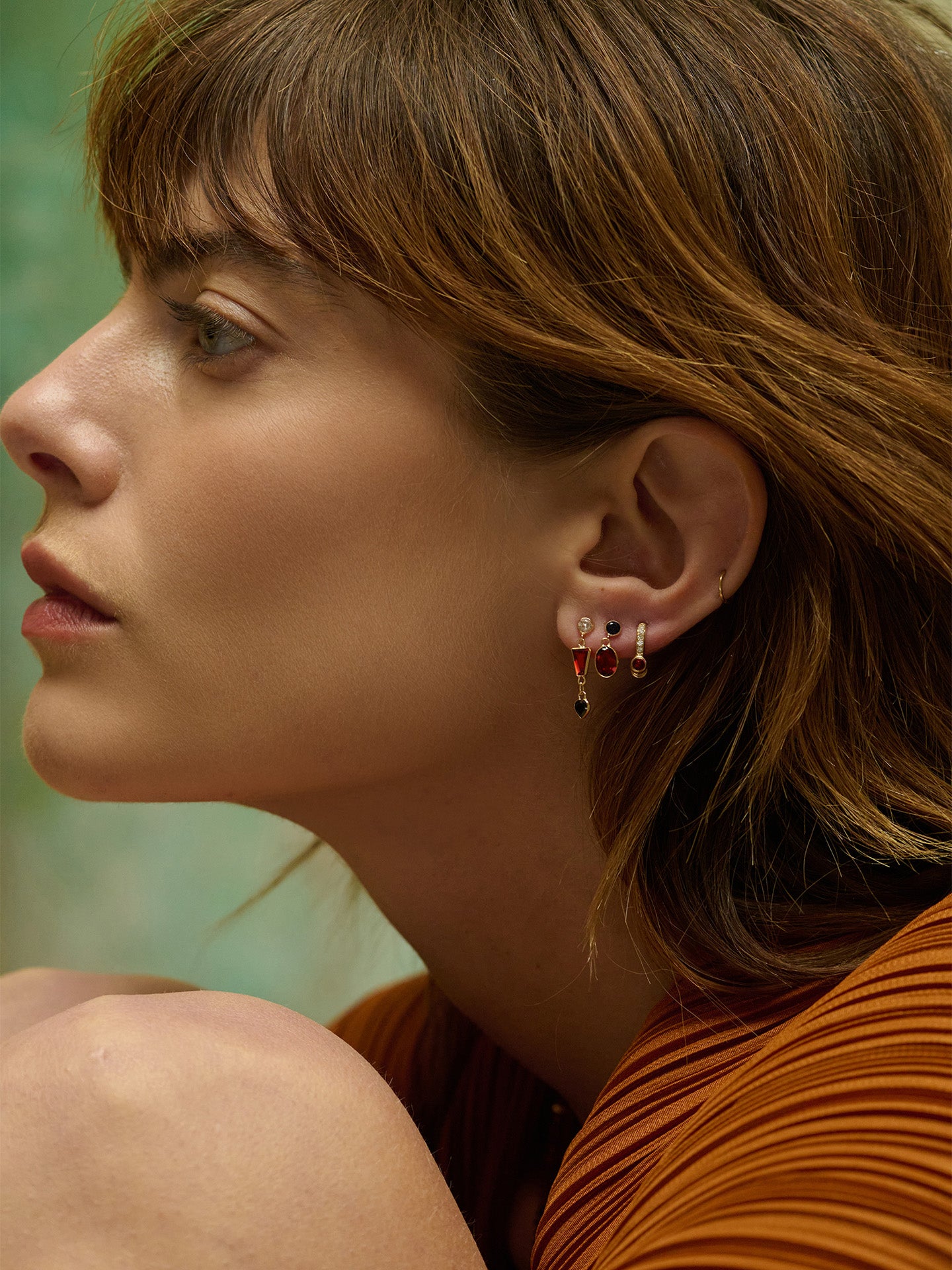 Loren Stewart Single White Sapphire and Garnet Camilla Dangle Stud Earring 14kt YG