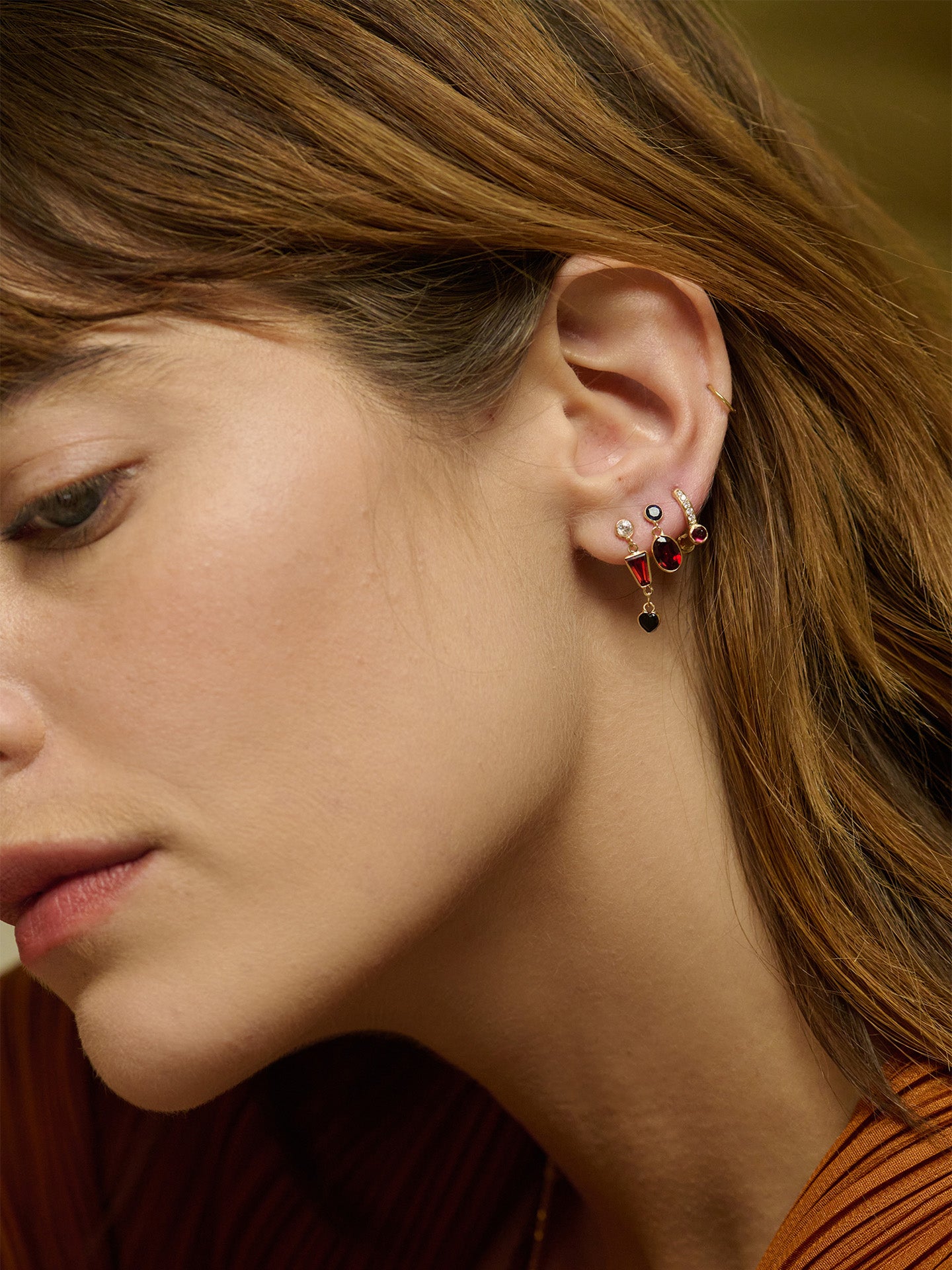 Loren Stewart Single White Sapphire and Garnet Camilla Dangle Stud Earring 14kt YG