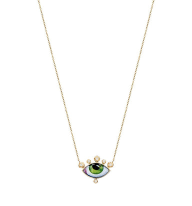 Lito 14K Yellow Gold "Russe Petit Vert" Necklace with Diamonds and a Small Green Enameled Eye - Homebody Denver