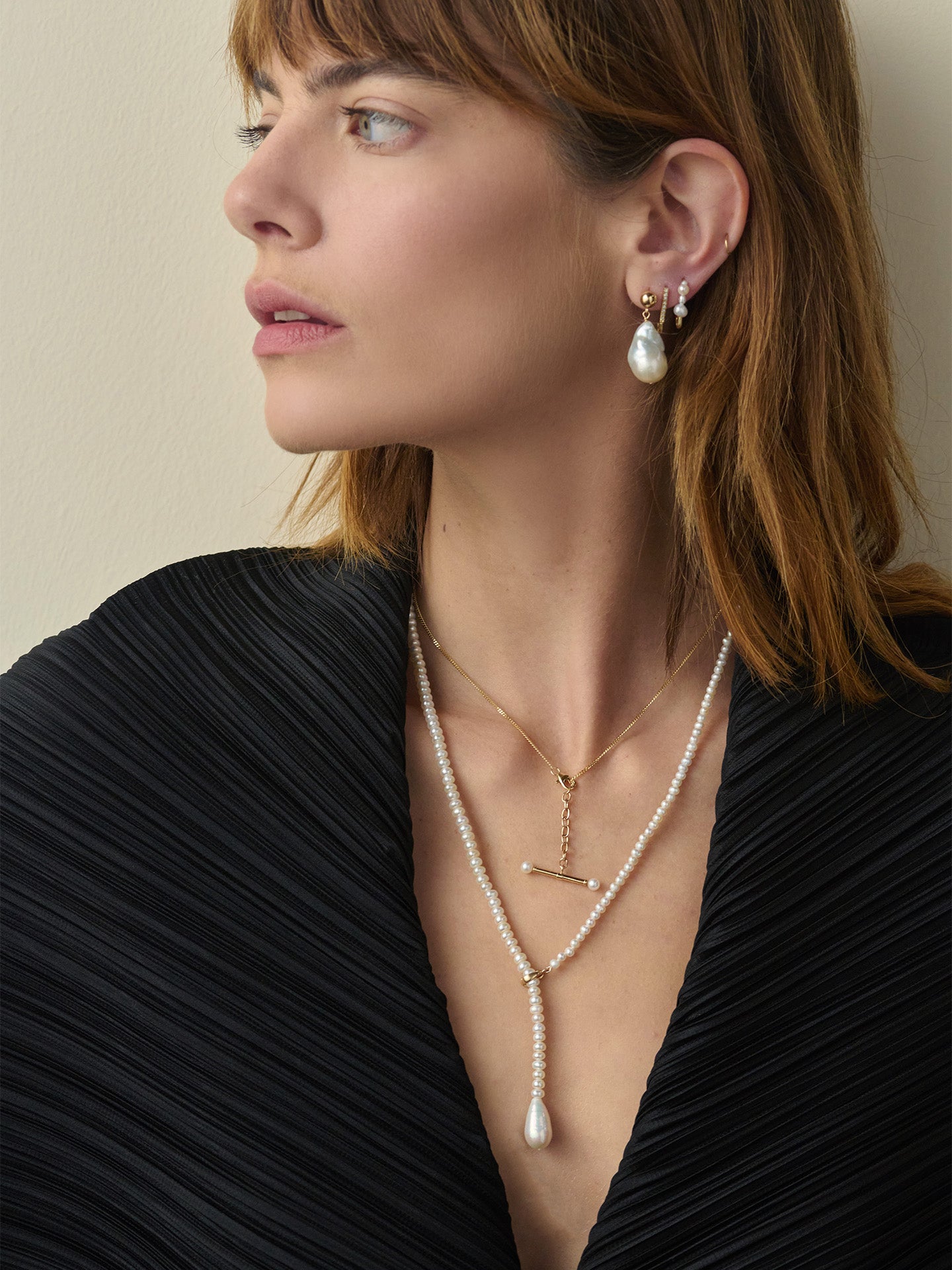 Loren Stewart Barbell Pearl Toggle Necklace 14kt YG 17"