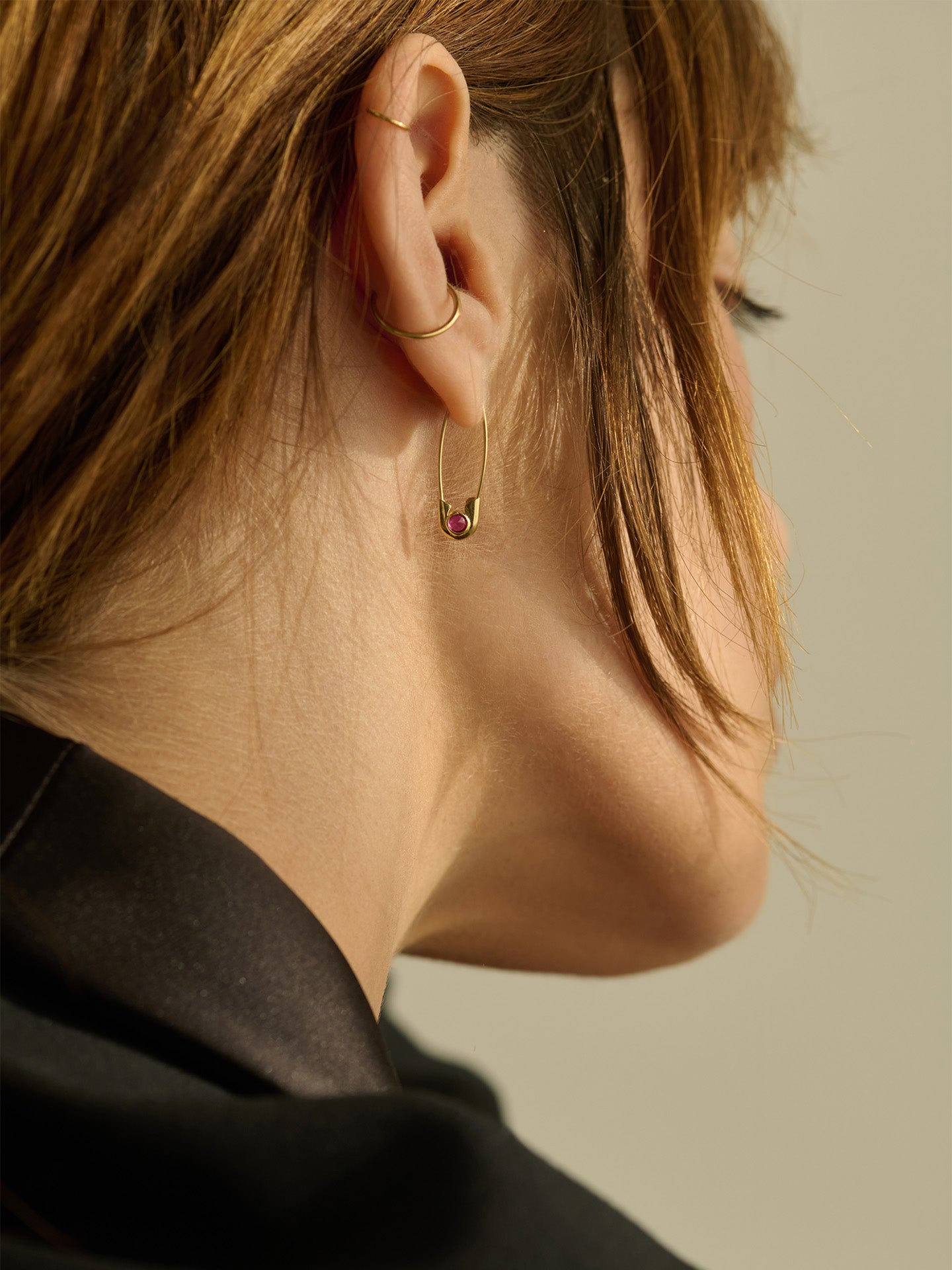 Loren Stewart Single Ruby Cirque Safety Pin Earring 14kt YG