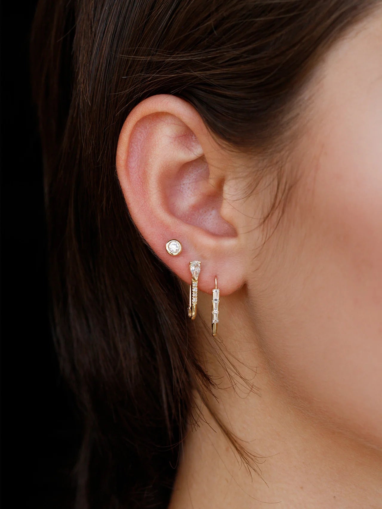 Loren Stewart Single Mini White Sapphire + Diamonds Safety Pin Earring 14kt. YG