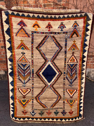 Vintage Wool Gabbeh Rug, Multicolor with Navy Middle Diamond Pattern 55" x 40.5" - Homebody Denver