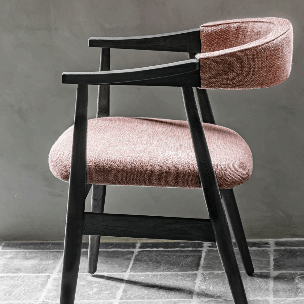 Armchair Faye Reclaimed Blackened Teak Upholstered in Rose Fabric