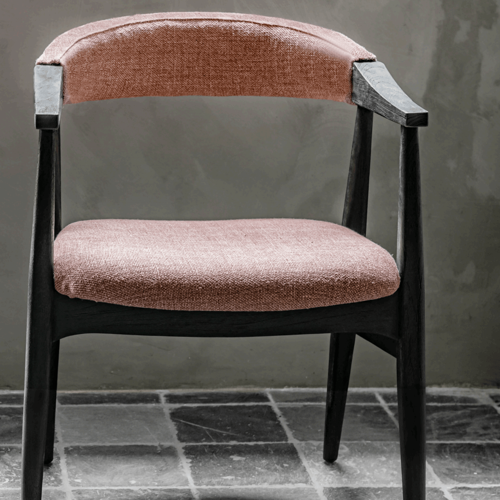 Armchair Faye Reclaimed Blackened Teak Upholstered in Rose Fabric