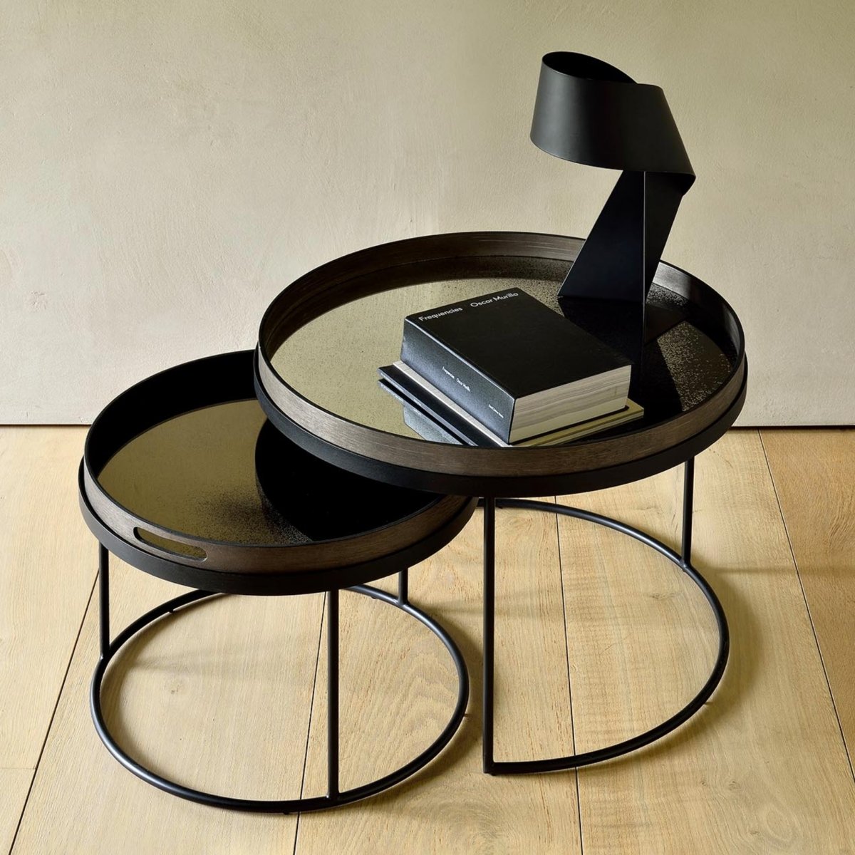 Black Varnished Wood Set of 2 Round Nesting Coffee Tables with Trays - Homebody Denver