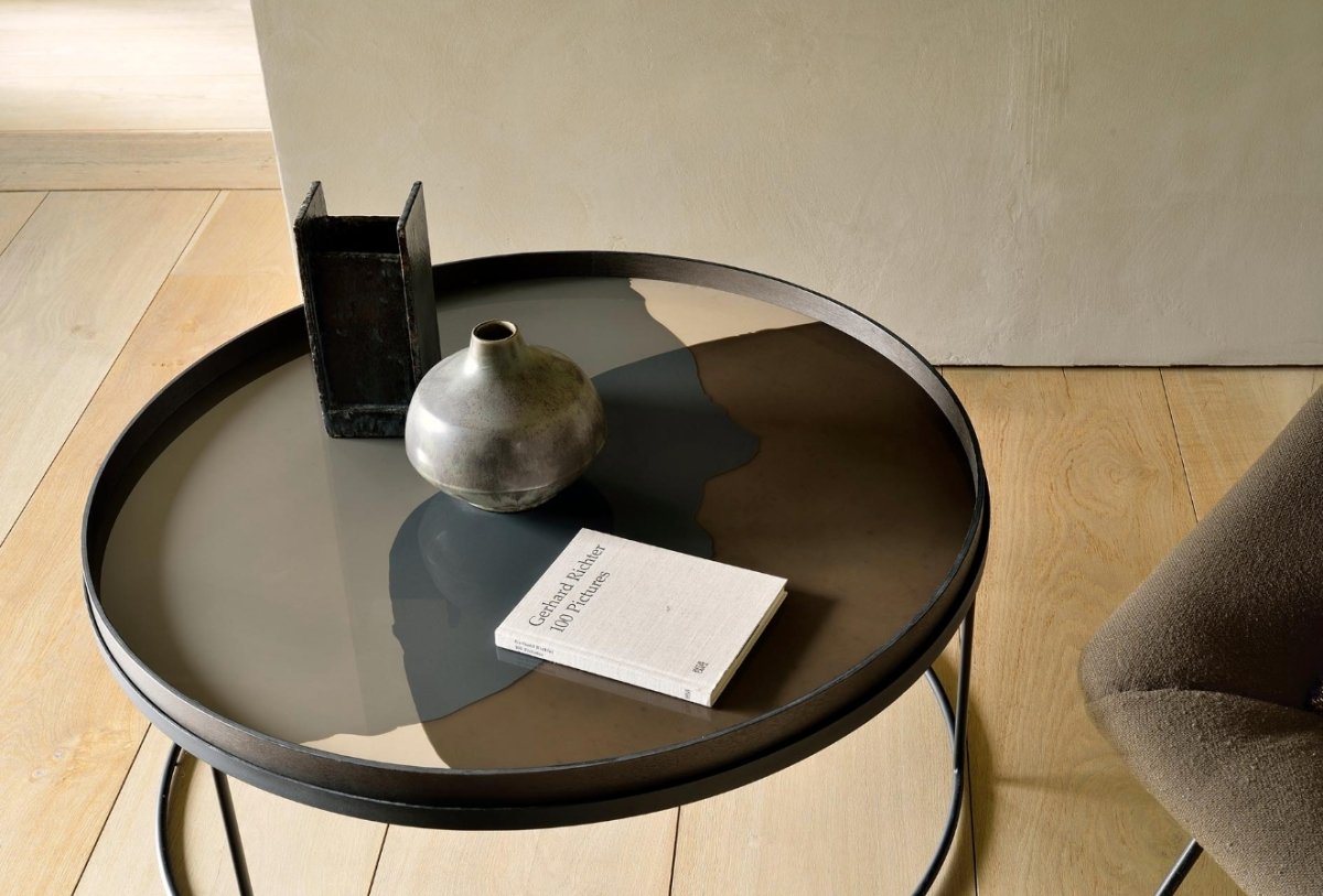 Black Varnished Wood Set of 2 Round Nesting Coffee Tables with Trays - Homebody Denver