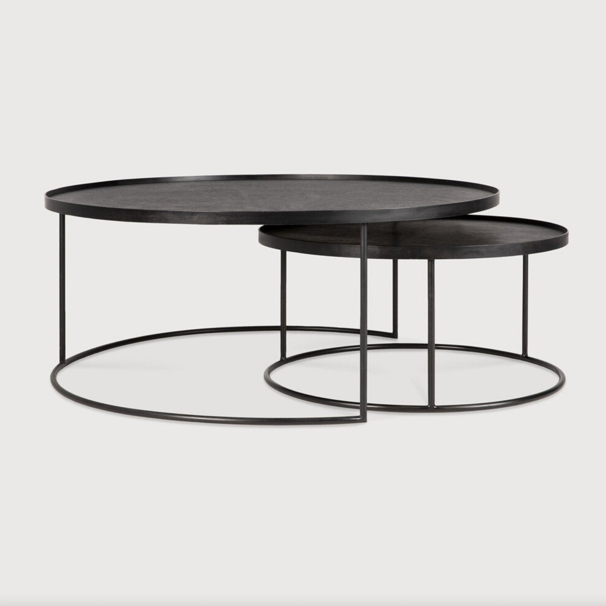 Black Varnished Wood Set of 2 Round Nesting Coffee Tables with Trays - Homebody Denver