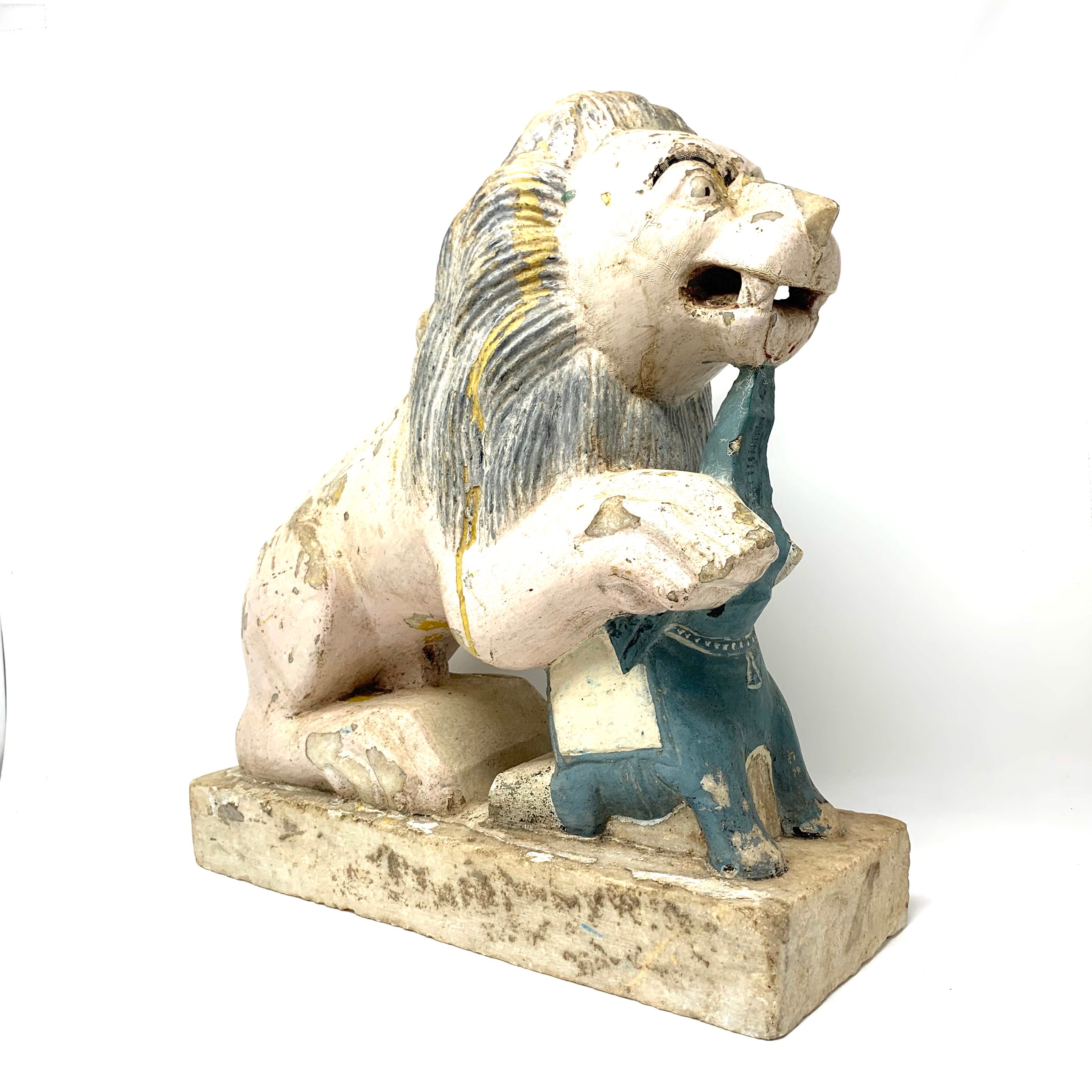 Antique Sitting Lion in Sculpted Stone and Lacquer 19th Century