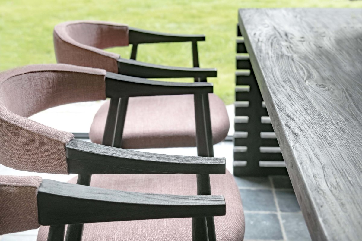 Gommaire Faye Armchair TeakArmchair Faye Reclaimed Blackened Teak Upholstered in Rose Fabric