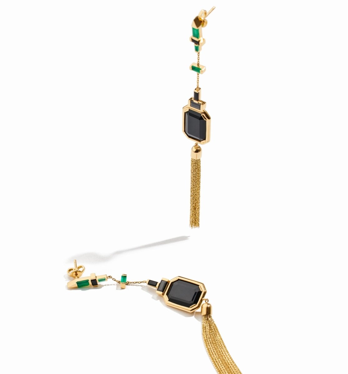 Lito Pair of 18kt Gold Tassel Earrings with Large Black Spinel and Small Green Agate - Homebody Denver