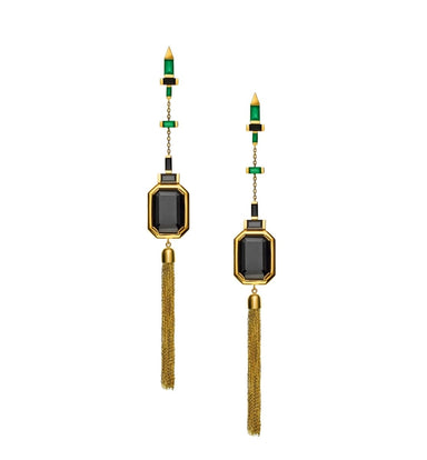 Lito Pair of 18kt Gold Tassel Earrings with Large Black Spinel and Small Green Agate - Homebody Denver