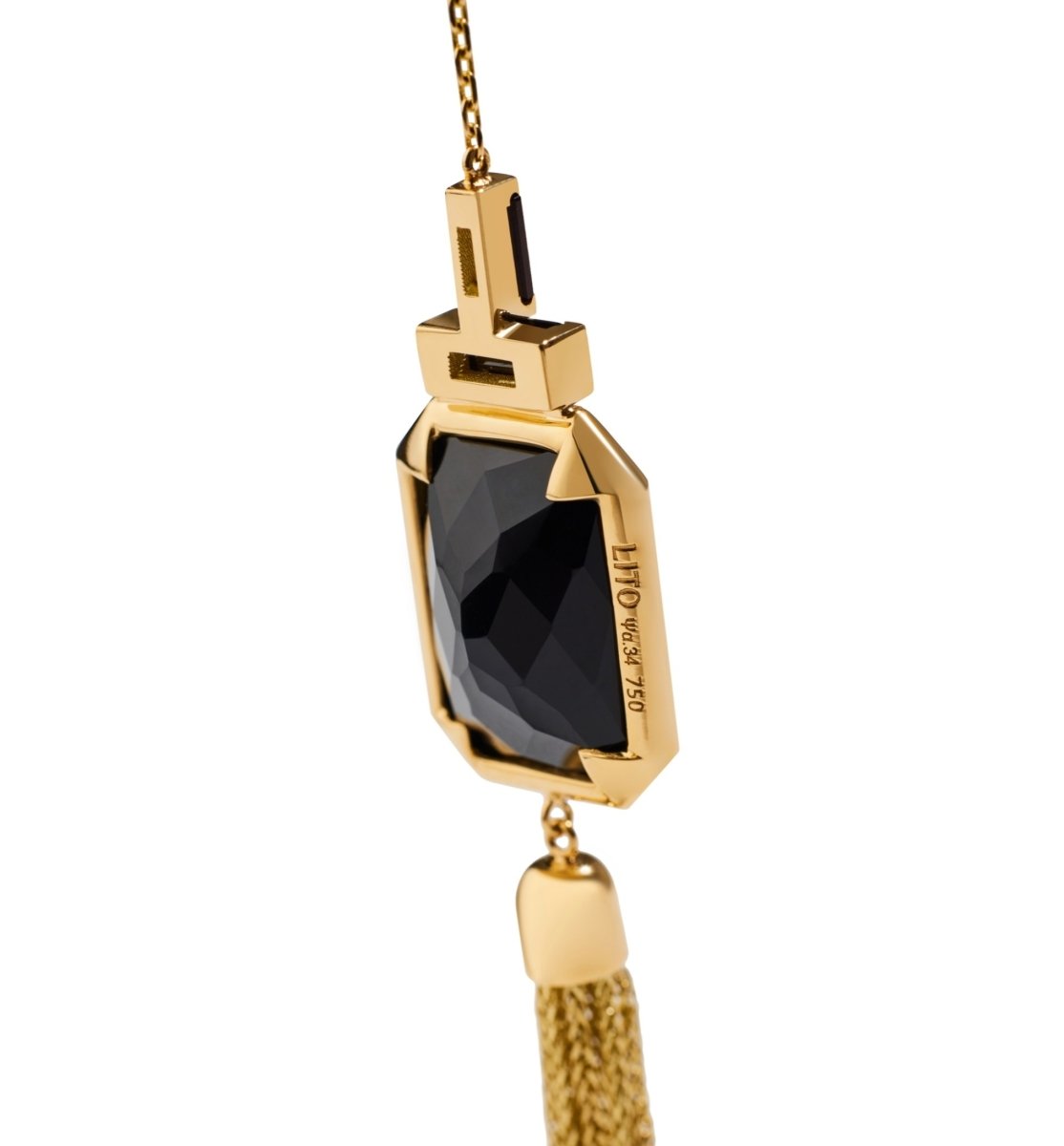 Lito Pair of 18kt Gold Tassel Earrings with Large Black Spinel and Small Green Agate - Homebody Denver