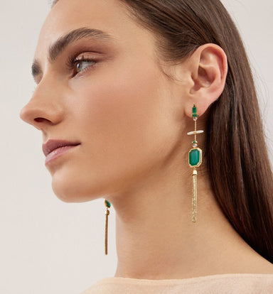 Ltio Pair of 18kt Gold Tassel Earrings with Green Agate, Moonstones and Pearls - Homebody Denver