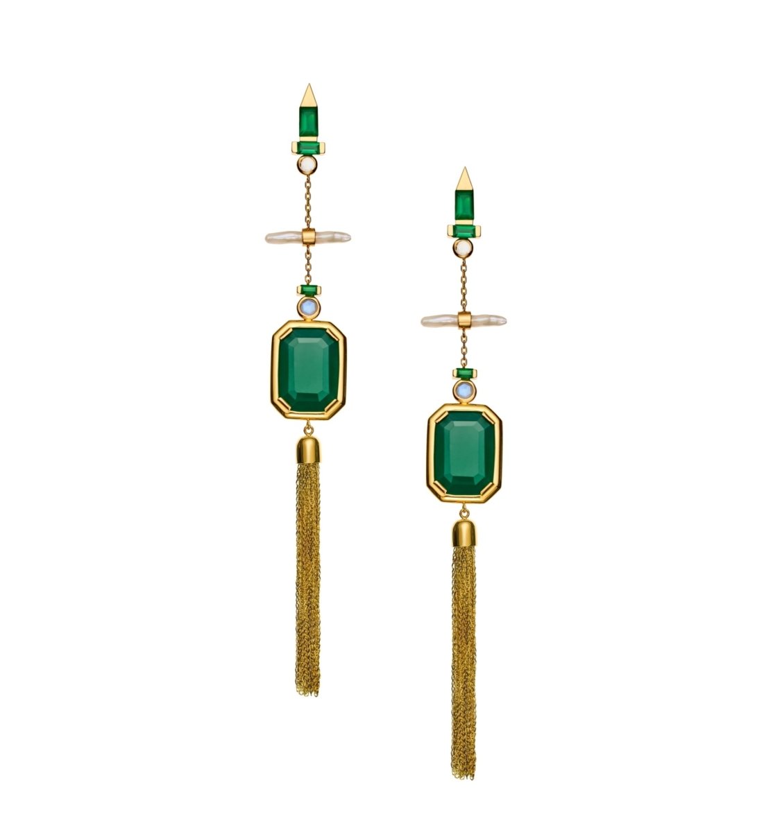 Ltio Pair of 18kt Gold Tassel Earrings with Green Agate, Moonstones and Pearls - Homebody Denver