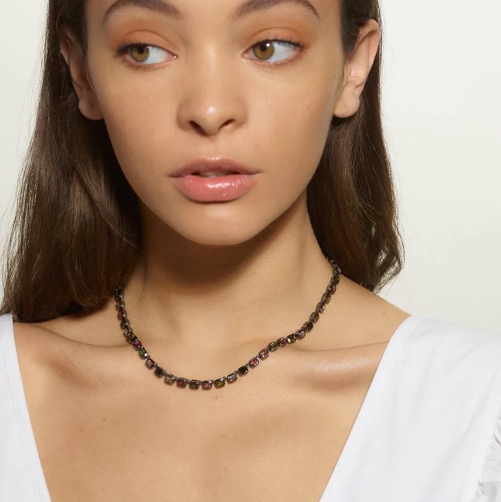 Nakard Riviere Deco Tile Necklace 4x3mm Emerald Cut Multicolored Tourmaline Baguettes - Homebody Denver