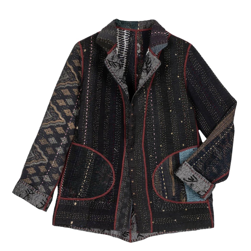 Striped Rallis Kantha Simple Jacket, Black - Homebody Denver