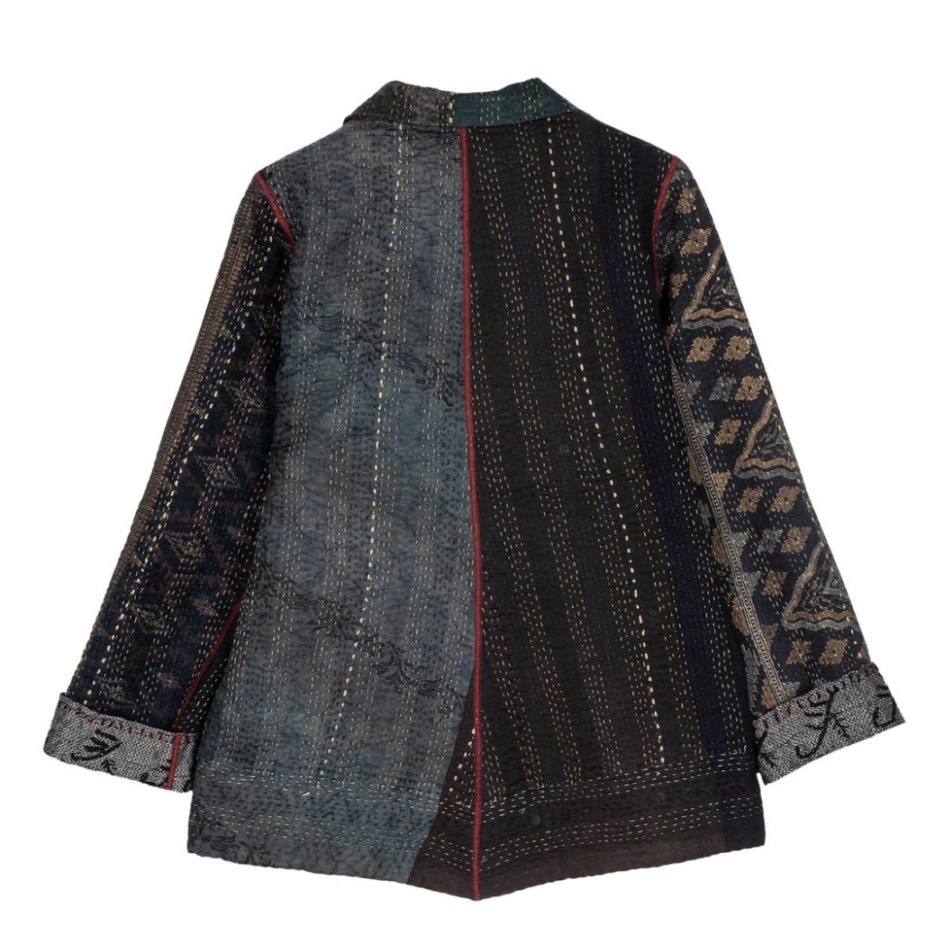 Striped Rallis Kantha Simple Jacket, Black - Homebody Denver
