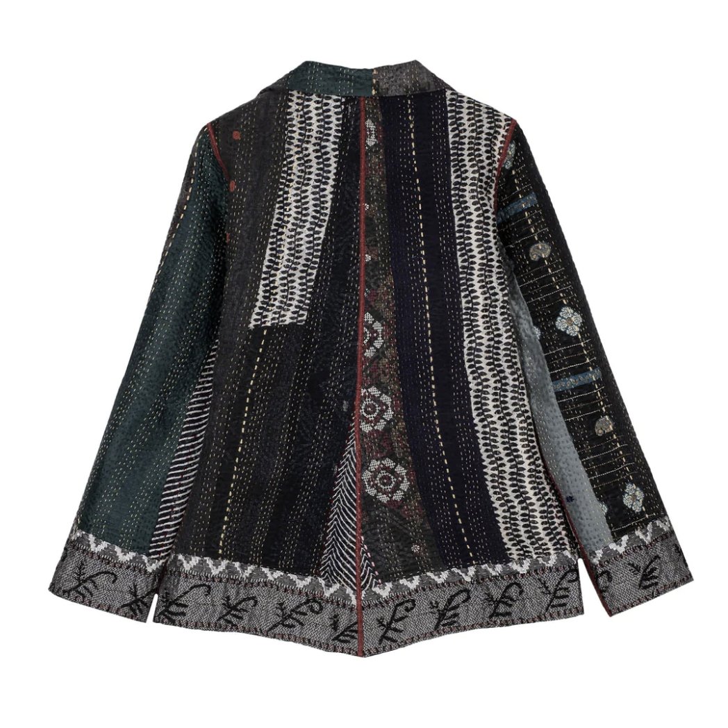 Striped Rallis Kantha Simple Jacket, Black - Homebody Denver