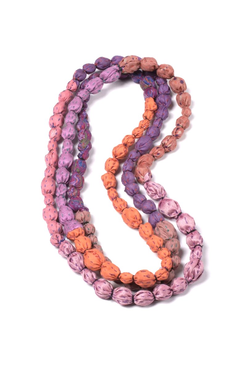 Vintage Silk Kantha Tie Beads Long Necklace, Pinks - Homebody Denver