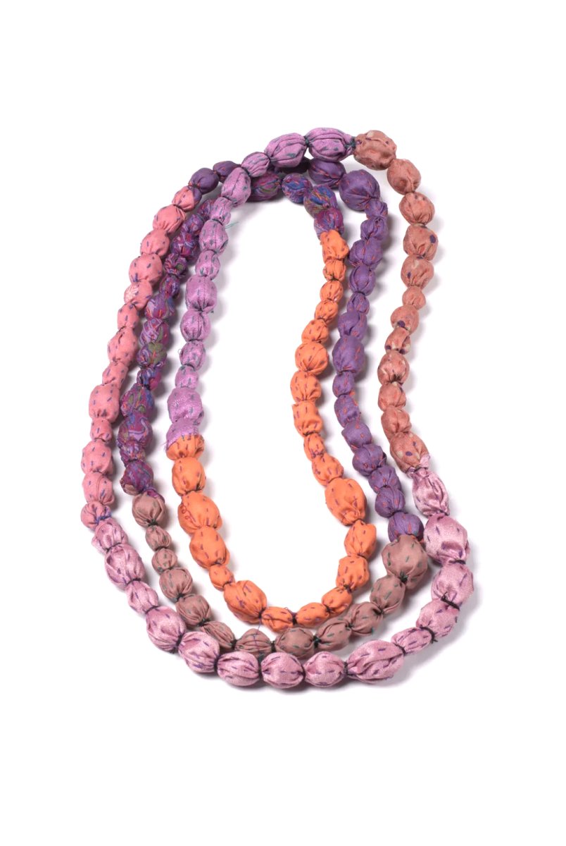 Vintage Silk Kantha Tie Beads Long Necklace, Pinks - Homebody Denver