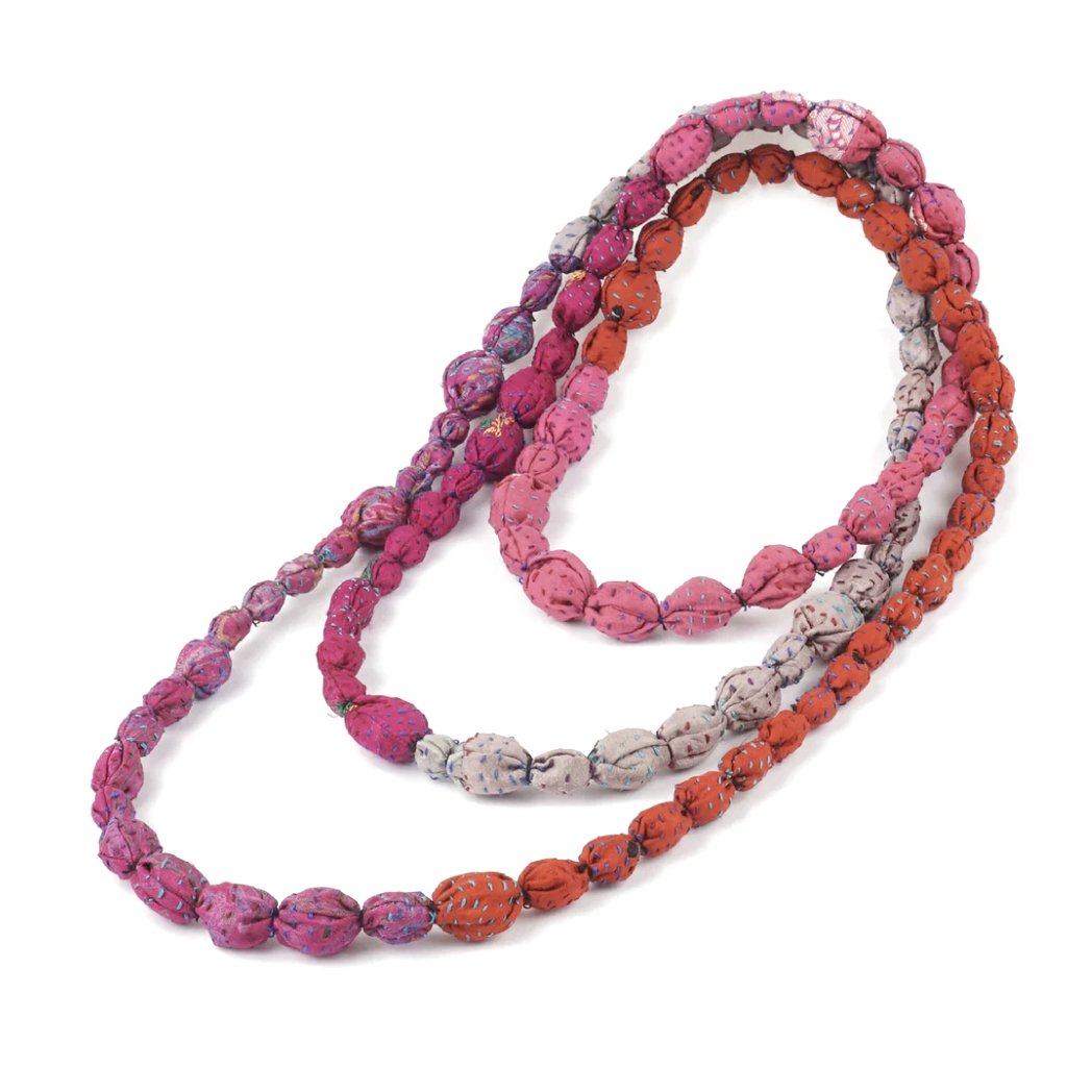 Vintage Silk Kantha Tie Beads Long Necklace, Pinks - Homebody Denver