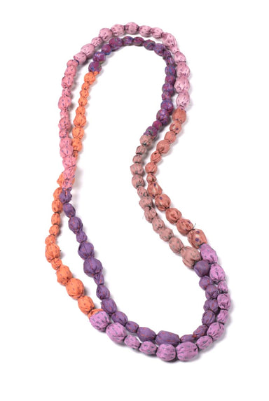 Vintage Silk Kantha Tie Beads Long Necklace, Pinks - Homebody Denver