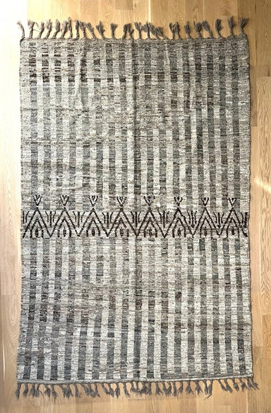 Wool Rug Striped Grey and Natural White with Brown Melange and Middle Dark Brown Zig Zag Pattern 6.5' x 10.8' - Homebody Denver