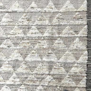 Wool Rug with Natural White Triangular Pattern and Brown Border with Tassels 6.9' x 10.3' - Homebody Denver