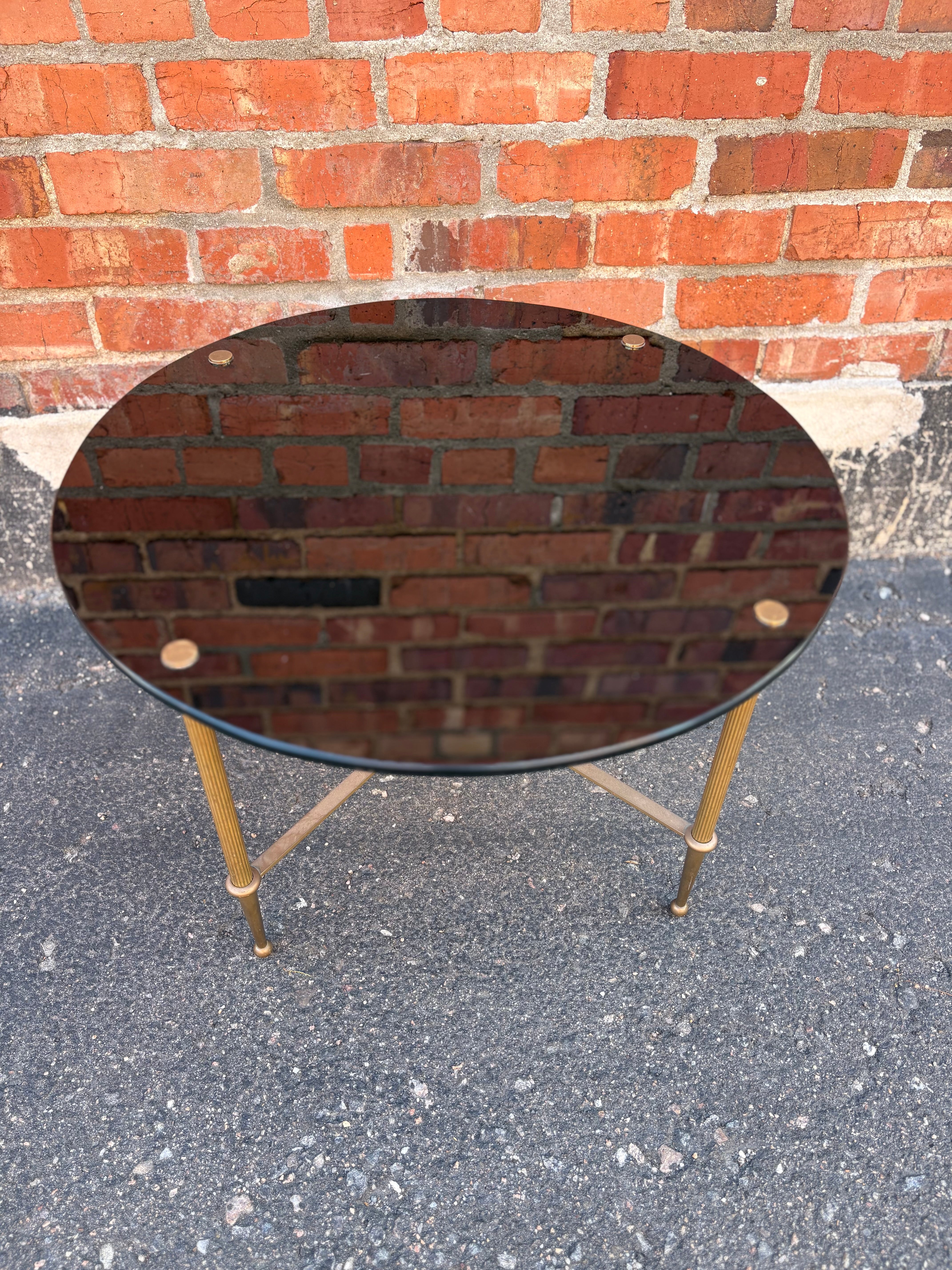Antique Small Round Neoclassical Table, Black Glass Top/Brass Legs