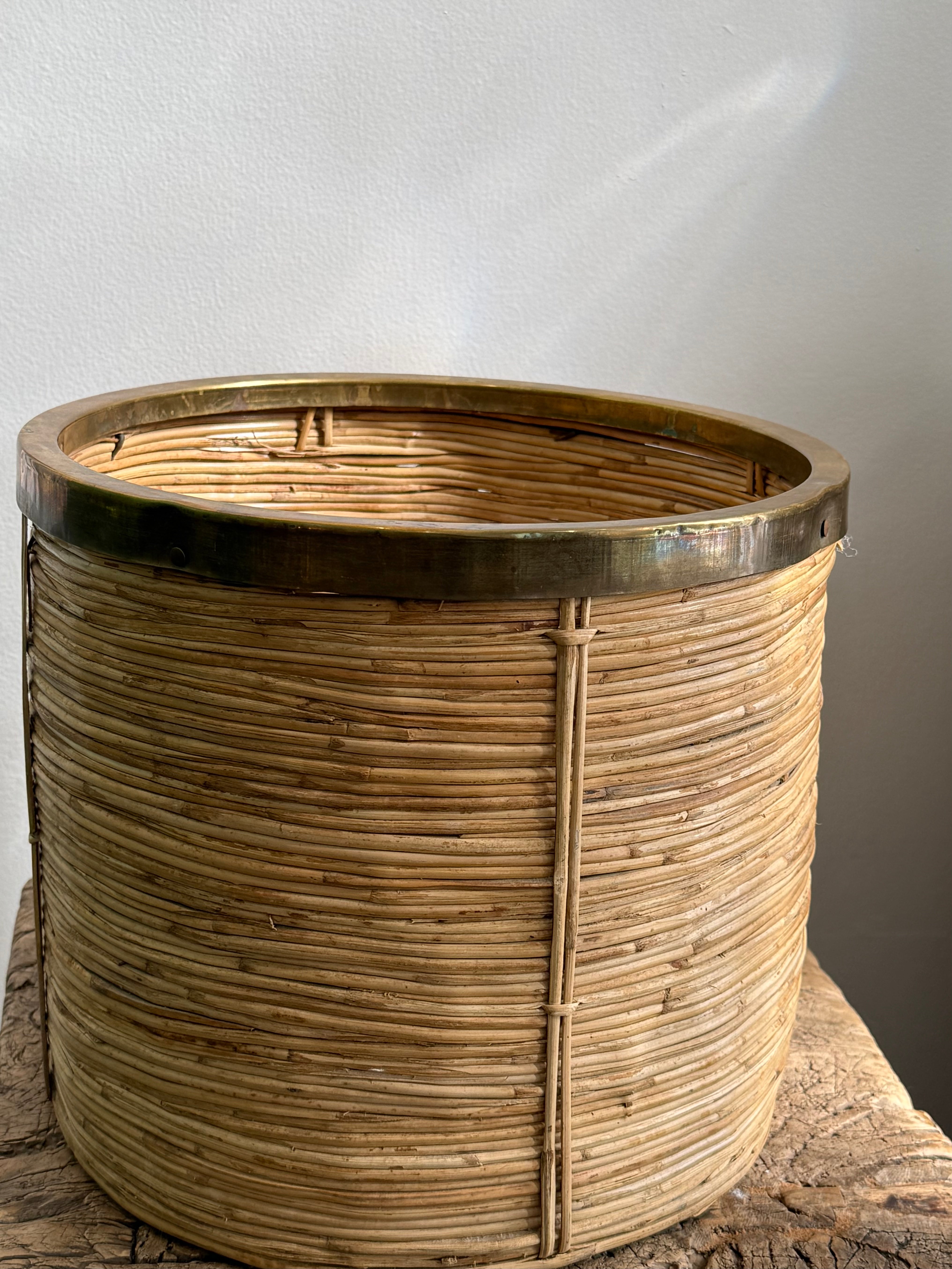 MIdcentury Vintage Italian Bamboo and Brass Large Basket